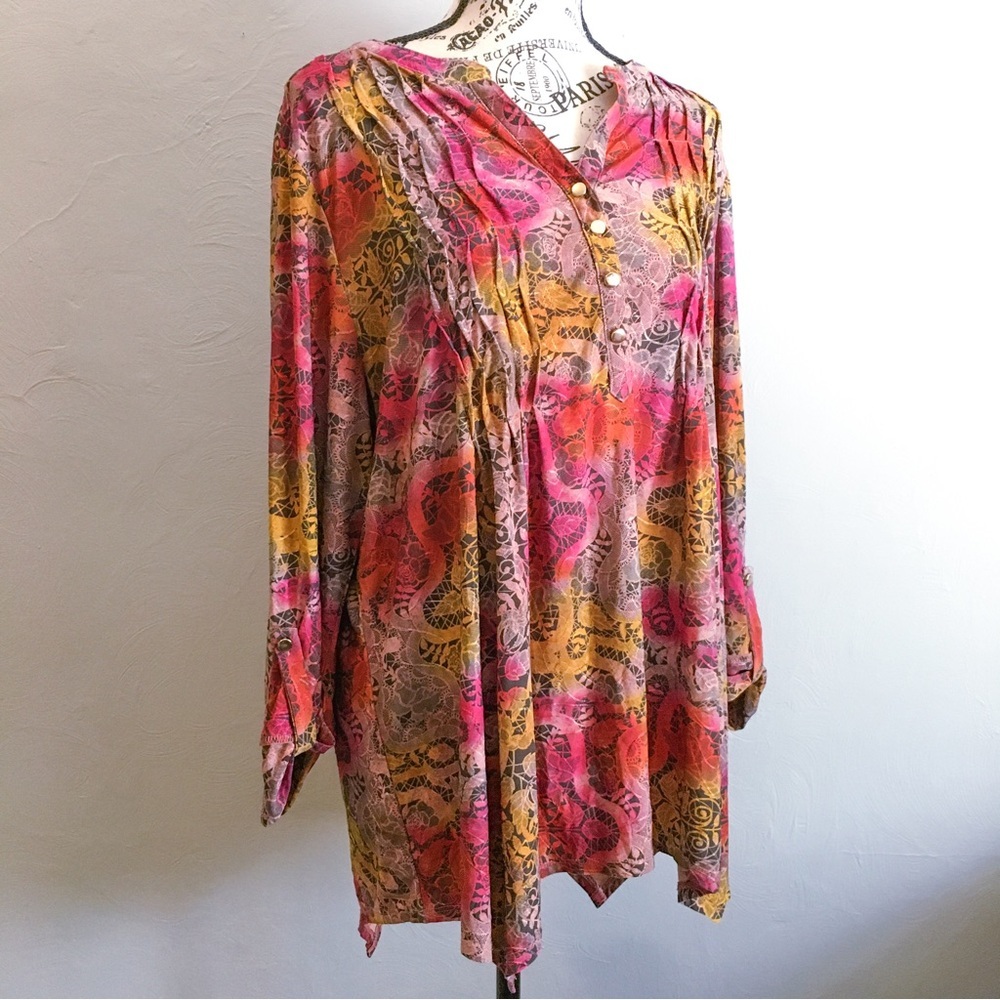 3 For 30 💥 New Directions Long Sleeve Flowy Boho Blouse Pink Yellow Gold XL
